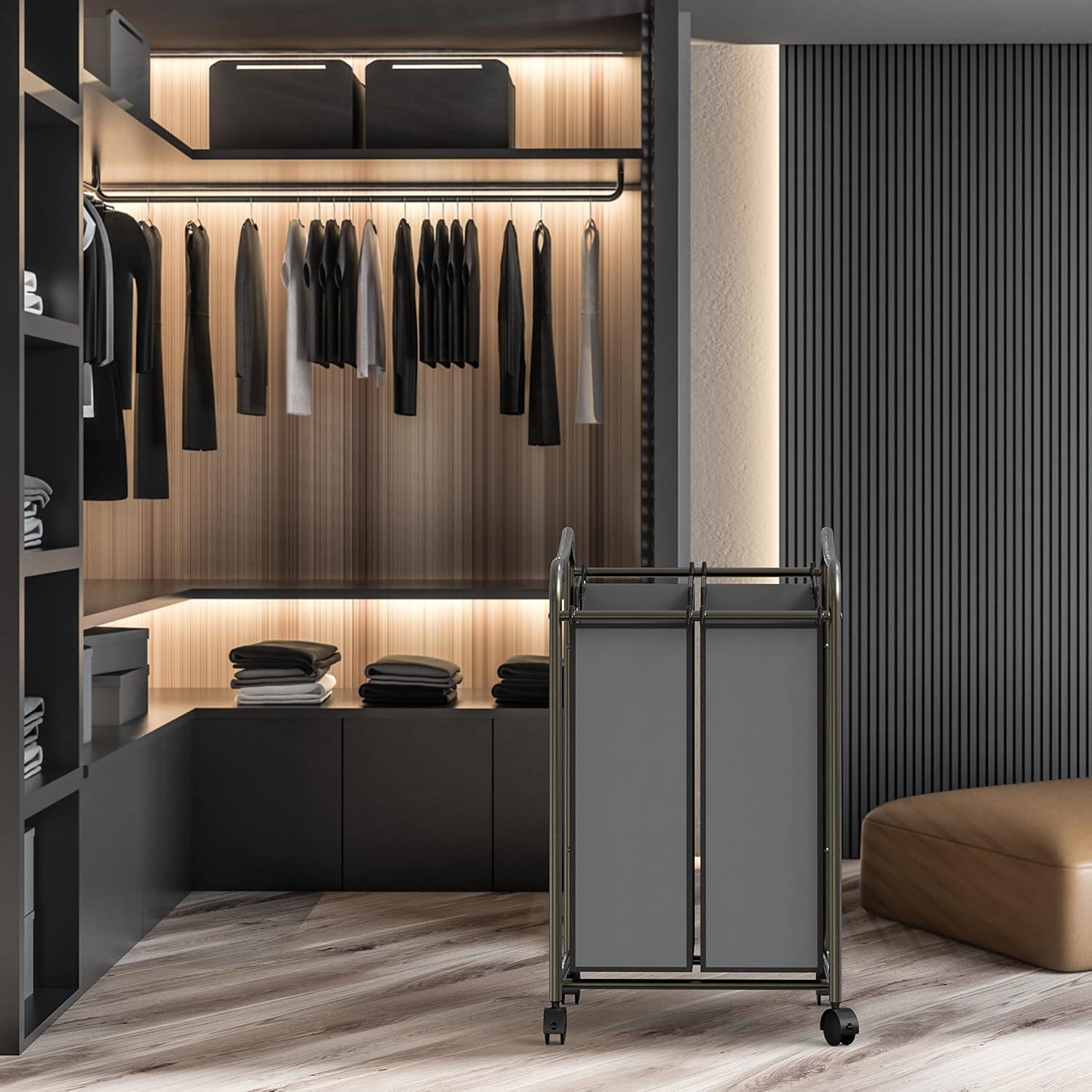 imageSimple Houseware 2Bag Heavy Duty Rolling Laundry Sorter Cart Dark Gray 2 Section Removable Bags and Lockable Wheels for Laundry Room OrganizationDark Gray