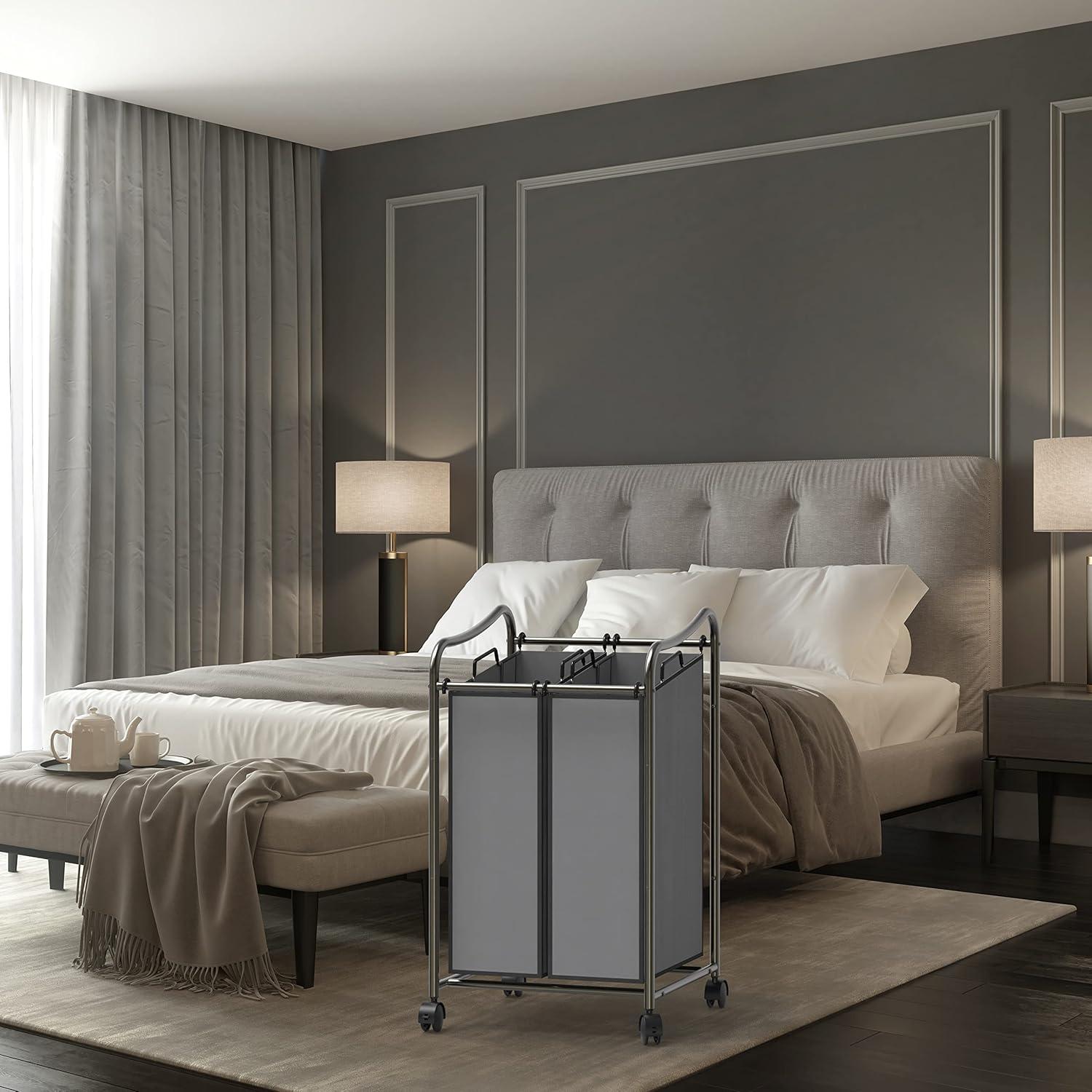 imageSimple Houseware 2Bag Heavy Duty Rolling Laundry Sorter Cart Dark Gray 2 Section Removable Bags and Lockable Wheels for Laundry Room OrganizationDark Gray