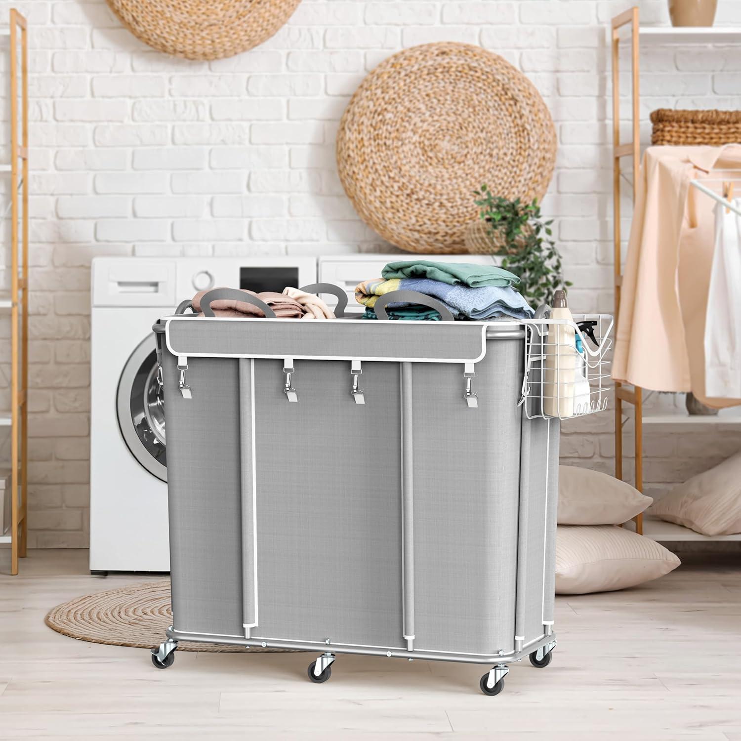 imageSimple Houseware Extra Large Rolling Laundry Cart Heavy Duty Hamper with 2 Removable Bags ampamp 6 Smooth Wheels Commercial Laundry Organizer for Home Hotel Dorm Gym Gray