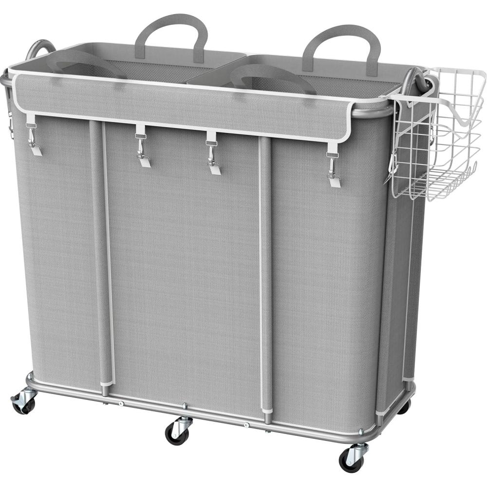 imageSimple Houseware Extra Large Rolling Laundry Cart Heavy Duty Hamper with 2 Removable Bags ampamp 6 Smooth Wheels Commercial Laundry Organizer for Home Hotel Dorm Gym Gray