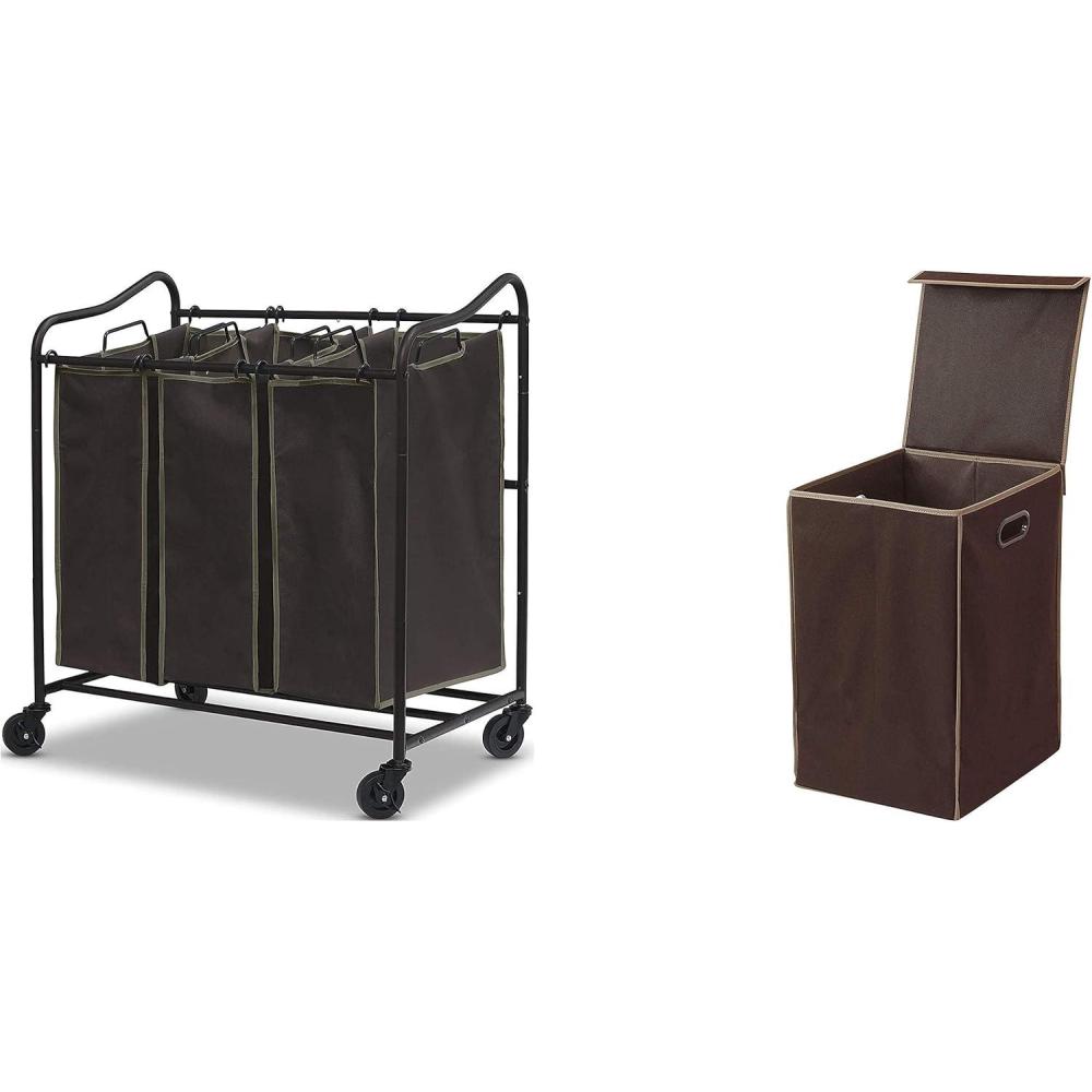 imageSimple Houseware Heavy Duty 3Bag Laundry Sorter Rolling Cart Foldable Laundry Hamper Basket with Lid Brown