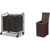 Simple Houseware Heavy Duty 3-Bag Laundry Sorter Rolling Cart + Foldable Laundry Hamper Basket with Lid, Brown