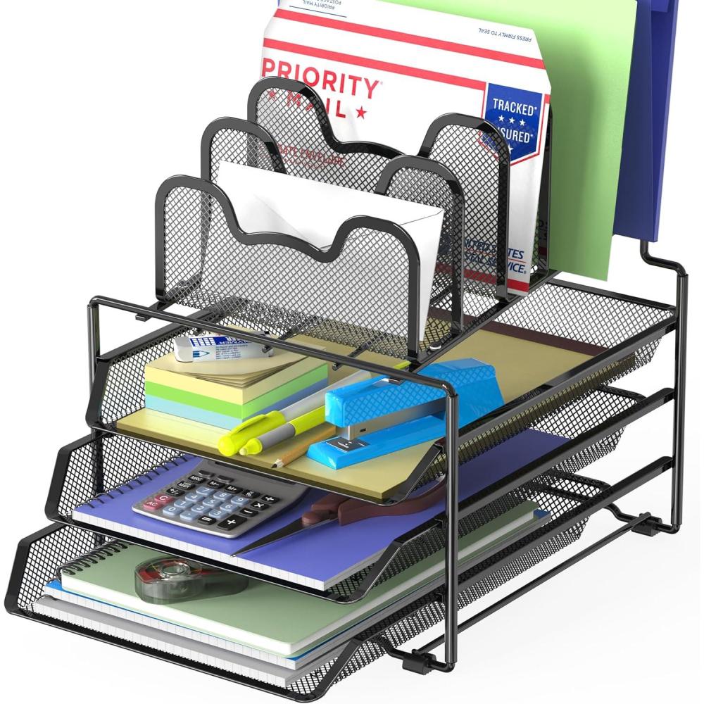 imageSimple Houseware Desk Organizer with 3 Sliding Tray and 5 Stacking Sections BlackBlack