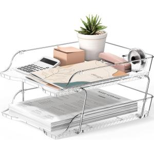 Simple Houseware 2-Tier Stackable Letter Tray Organizer – Desktop File Holder for A4/Letter Size Paper, Document Sorter, Office Desk Paper Organizer, Black(Clear)