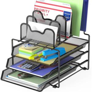 Simple Houseware Desk Organizer with 3 Sliding Tray and 5 Stacking Sections, Black(Black)