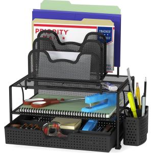 Simple Houseware Mesh Desk Organizer with Sliding Drawer, Double Tray and 5 Stacking Sorter Sections, Silver(Black)