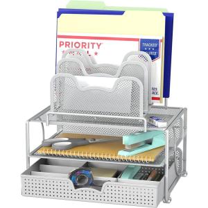 Simple Houseware Mesh Desk Organizer with Sliding Drawer, Double Tray and 5 Stacking Sorter Sections, Silver(Silver)