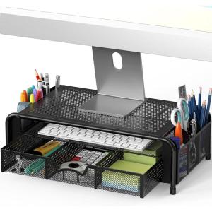 Simple Houseware Monitor Riser Stand with Pull-Out Drawer and Pen Holders, Black
