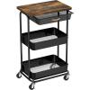 Simple Houseware 3-Tier Rolling Utility Cart with Drawer & Wood Tabletop – Mobile Sofa Side Table, Nightstand, Slim Storage Organizer Trolley for Bedroom, Bathroom, Office & Art Supplies, Maple(Rustic Brown)
