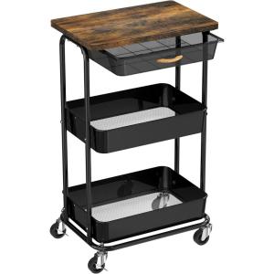 Simple Houseware 3-Tier Rolling Utility Cart with Drawer & Wood Tabletop – Mobile Sofa Side Table, Nightstand, Slim Storage Organizer Trolley for Bedroom, Bathroom, Office & Art Supplies, Maple(Rustic Brown)