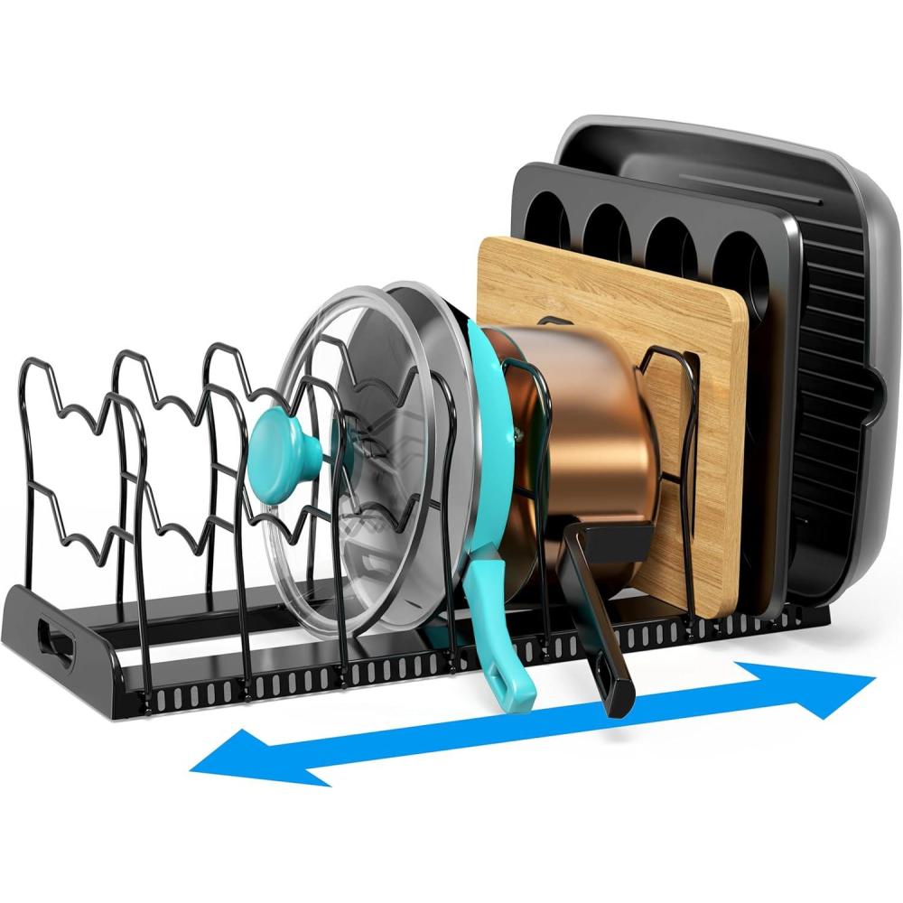 imageSimple Houseware Expandable Pan Organizer Rack 10 Adjustable Compartments Black  Kitchen Cabinet Organizer for Pots Pans Lids ampamp Bakeware  Pantry ampamp Countertop StorageBlack