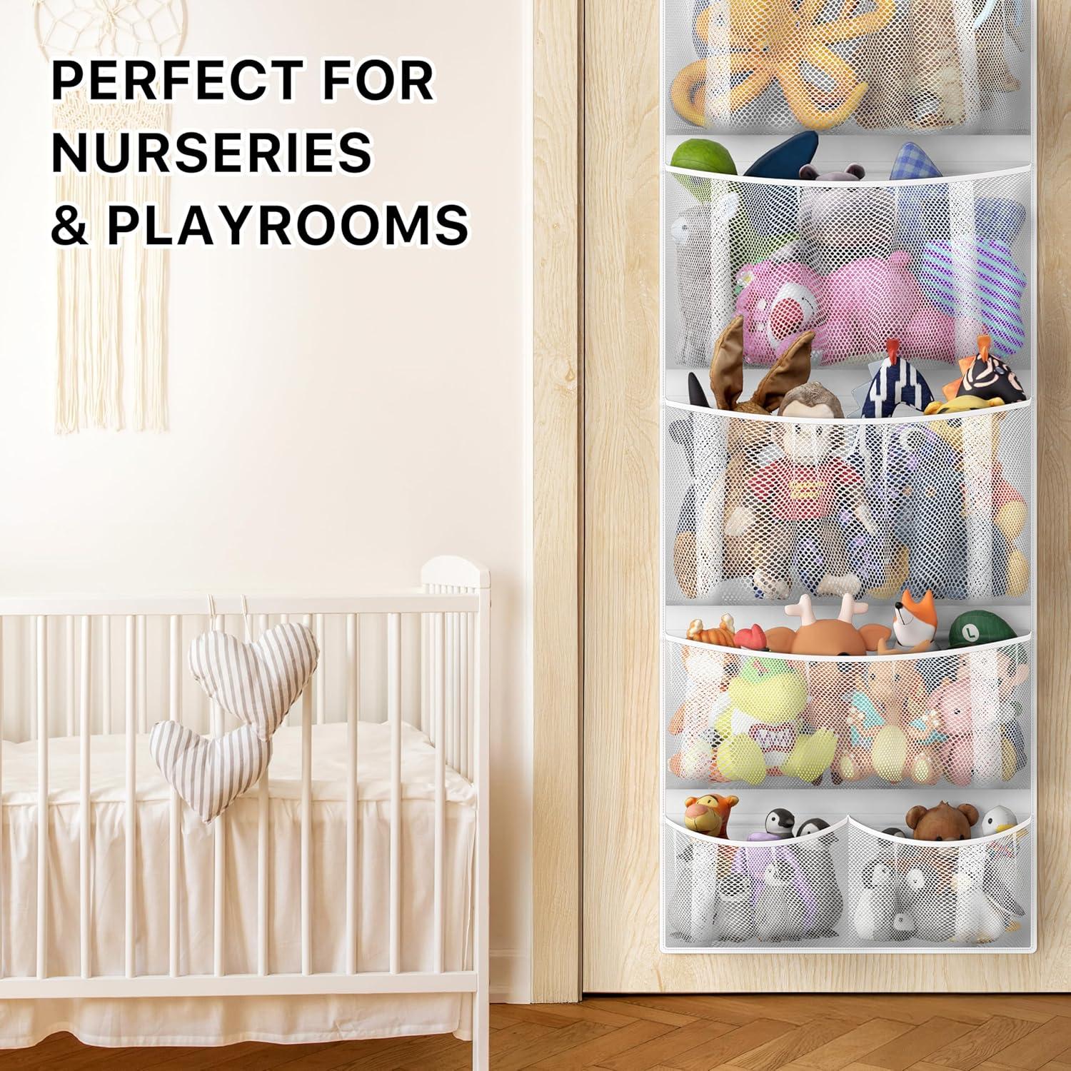 image:imageSimple Houseware Over the Door Stuffed Animal Storage Organizer Hanging Toy Holder with 6 Mesh Pockets for Kids Room White