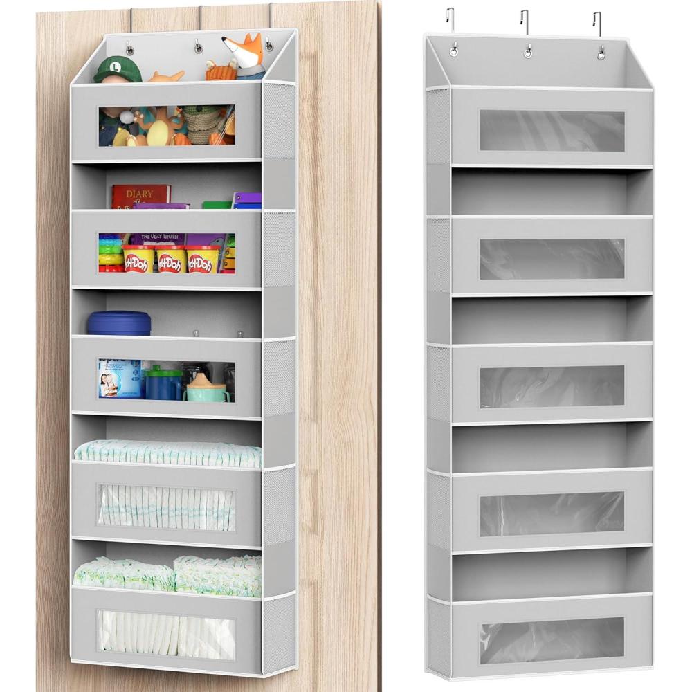image:imageSimple Houseware Large Heavy Duty Over the Door Organizer with 5 Clear Window Pockets 45 lbs Capacity for Pantry Closet Bathroom Gray5 Pockets