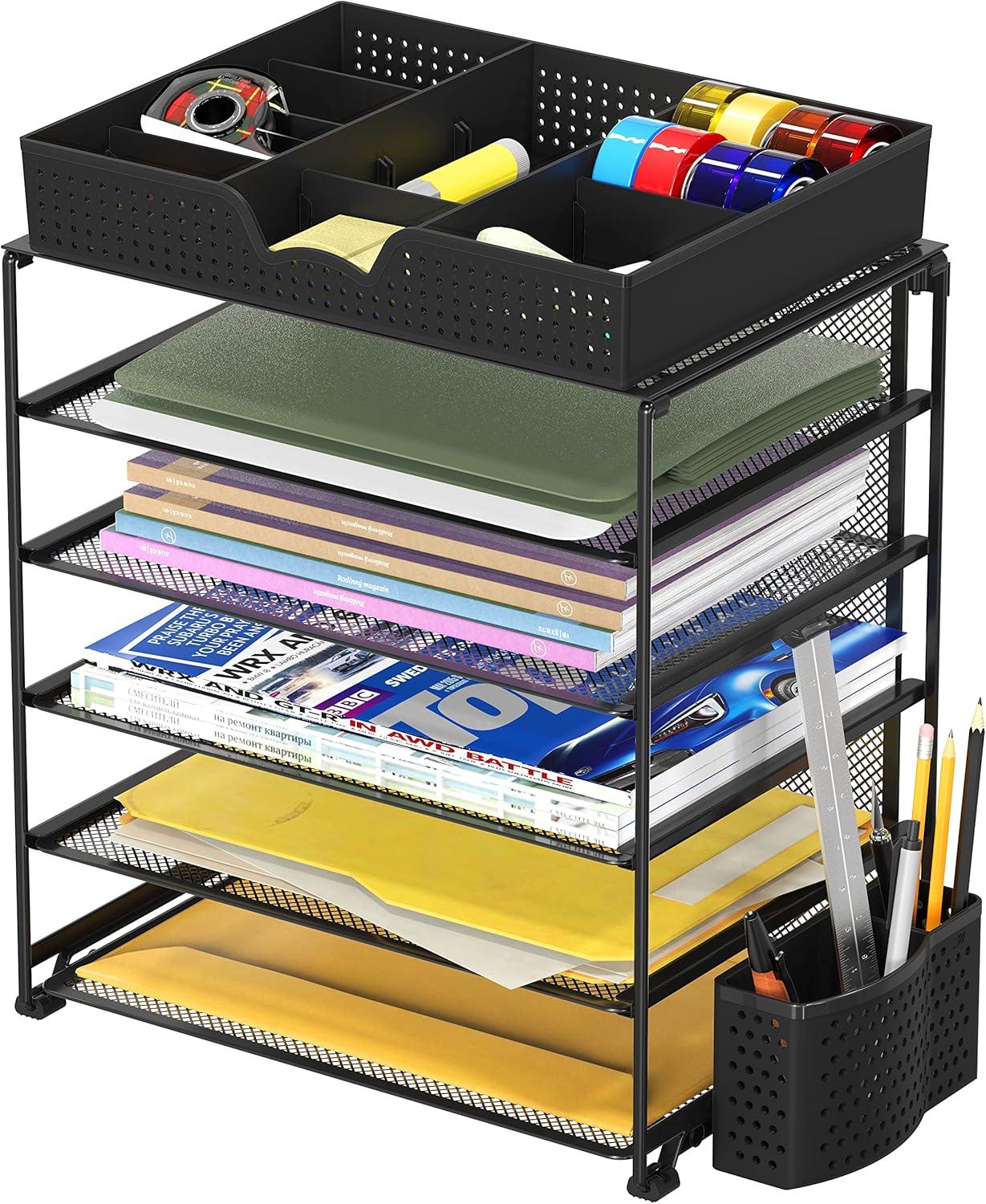 image:imageSimple Houseware 5Tier Document File Tray with Supplies Sliding Drawer and Pen Bucket Black