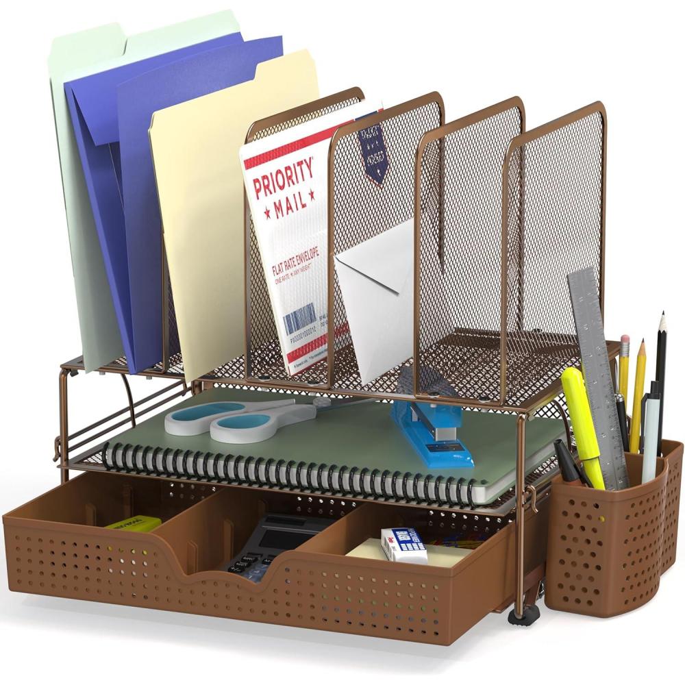 image:imageSimple Houseware Mesh Desk Organizer with Sliding Drawer Double Tray and 5 Upright Sections CopperCopper