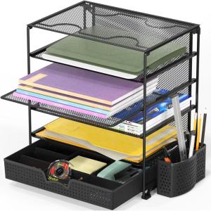 Simple Houseware 5-Tier Document File Tray with Supplies Sliding Drawer and Pen Bucket, Black