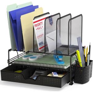 Simple Houseware Mesh Desk Organizer with Sliding Drawer, Double Tray and 5 Upright Sections, Copper(Black)