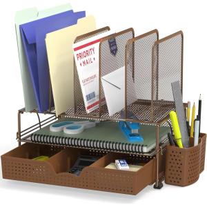 Simple Houseware Mesh Desk Organizer with Sliding Drawer, Double Tray and 5 Upright Sections, Copper(Copper)