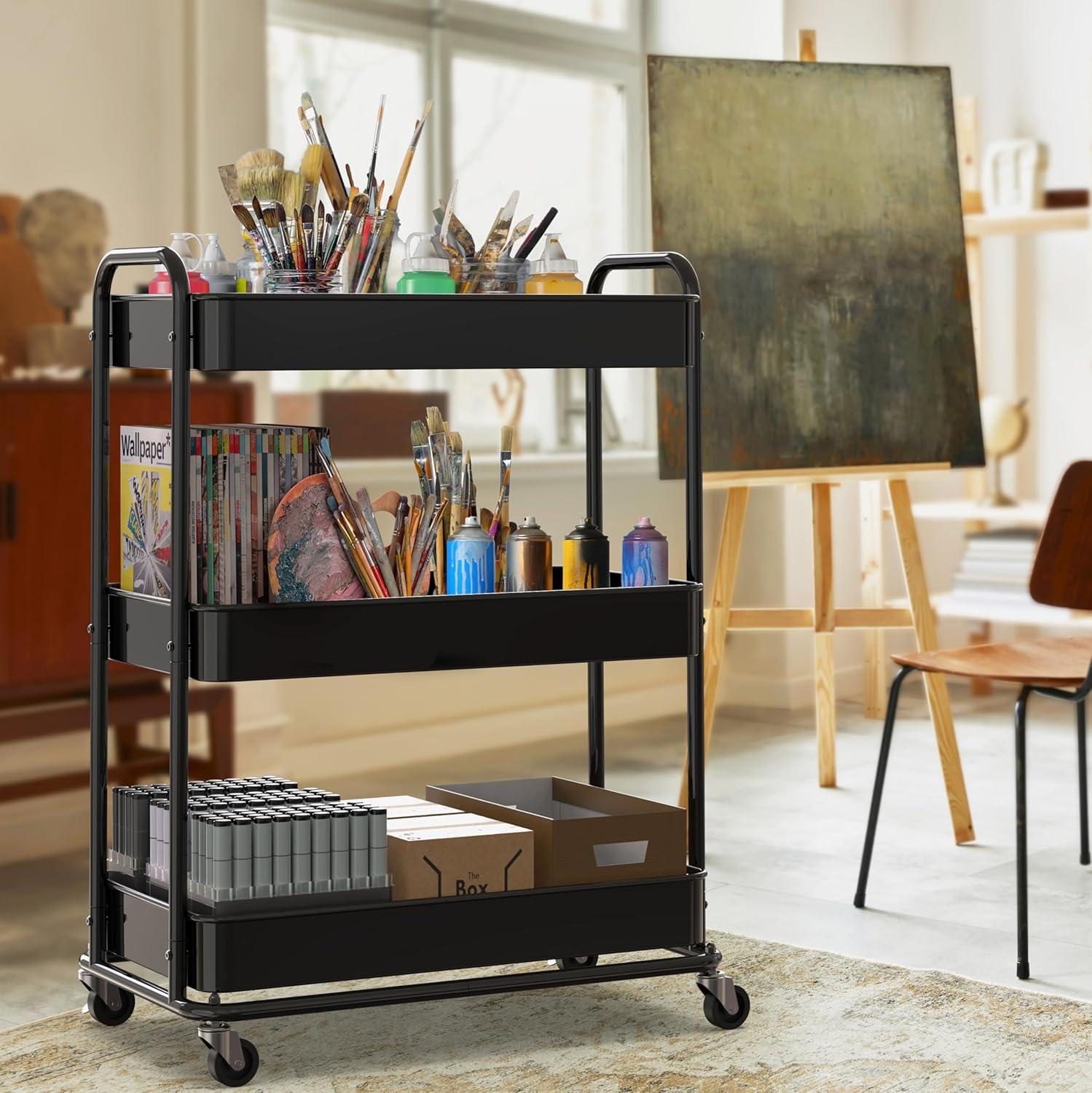 image:imageSimple Houseware 26 ExtraWide 3Tier Heavy Duty Service Cart HighCapacity Metal Rolling Organizer for Spa Salon Office and Home Storage Black