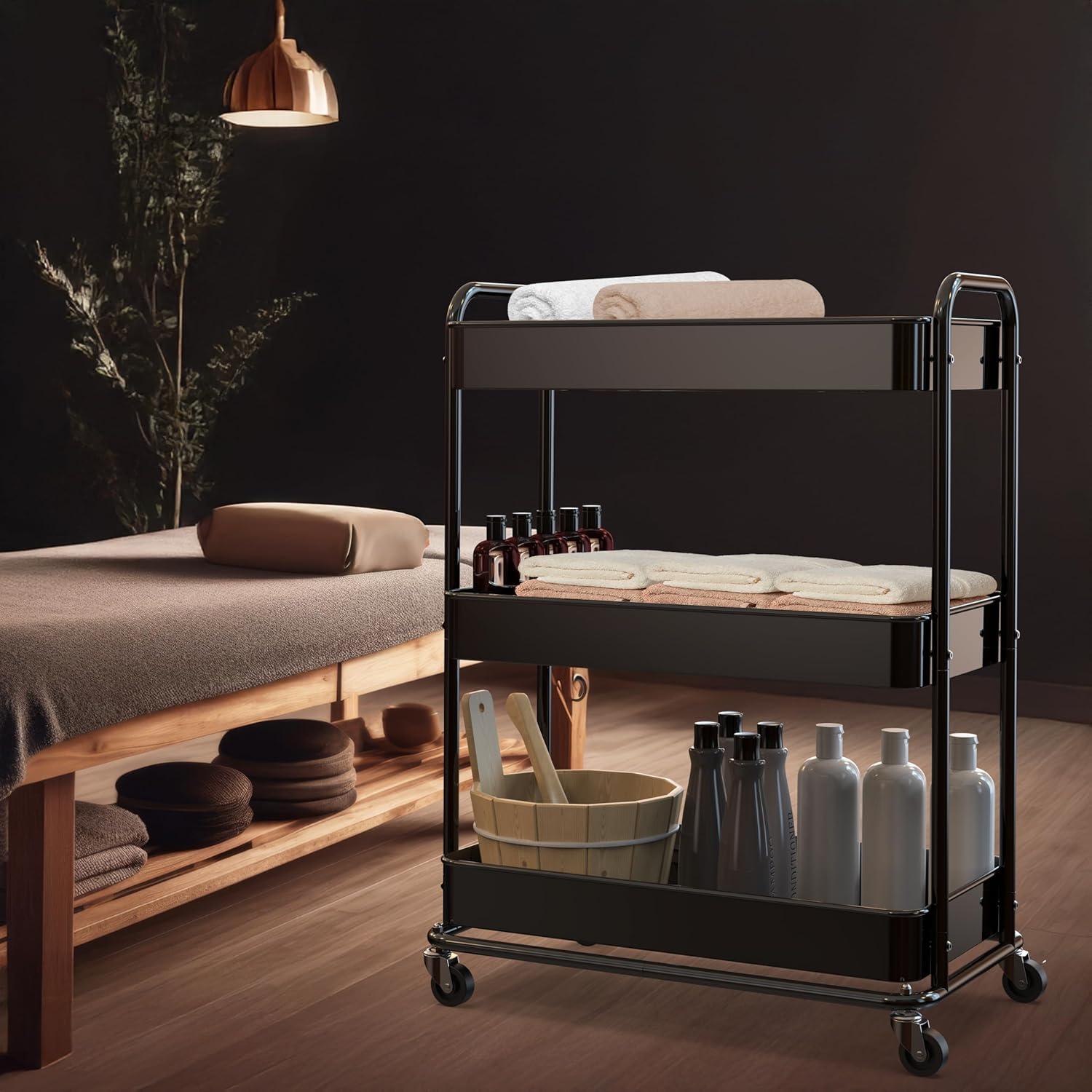 image:imageSimple Houseware 26 ExtraWide 3Tier Heavy Duty Service Cart HighCapacity Metal Rolling Organizer for Spa Salon Office and Home Storage Black