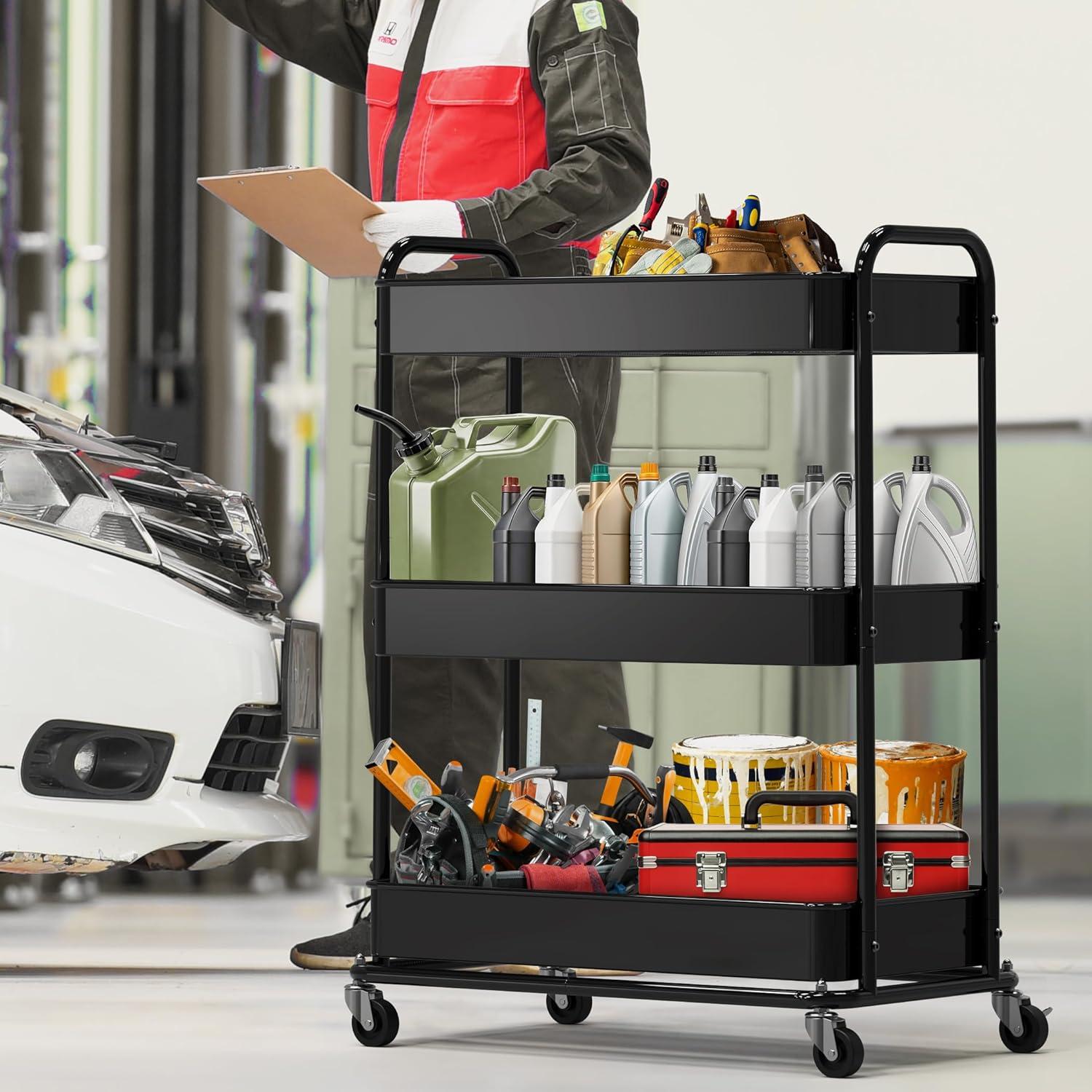 image:imageSimple Houseware 26 ExtraWide 3Tier Heavy Duty Service Cart HighCapacity Metal Rolling Organizer for Spa Salon Office and Home Storage Black