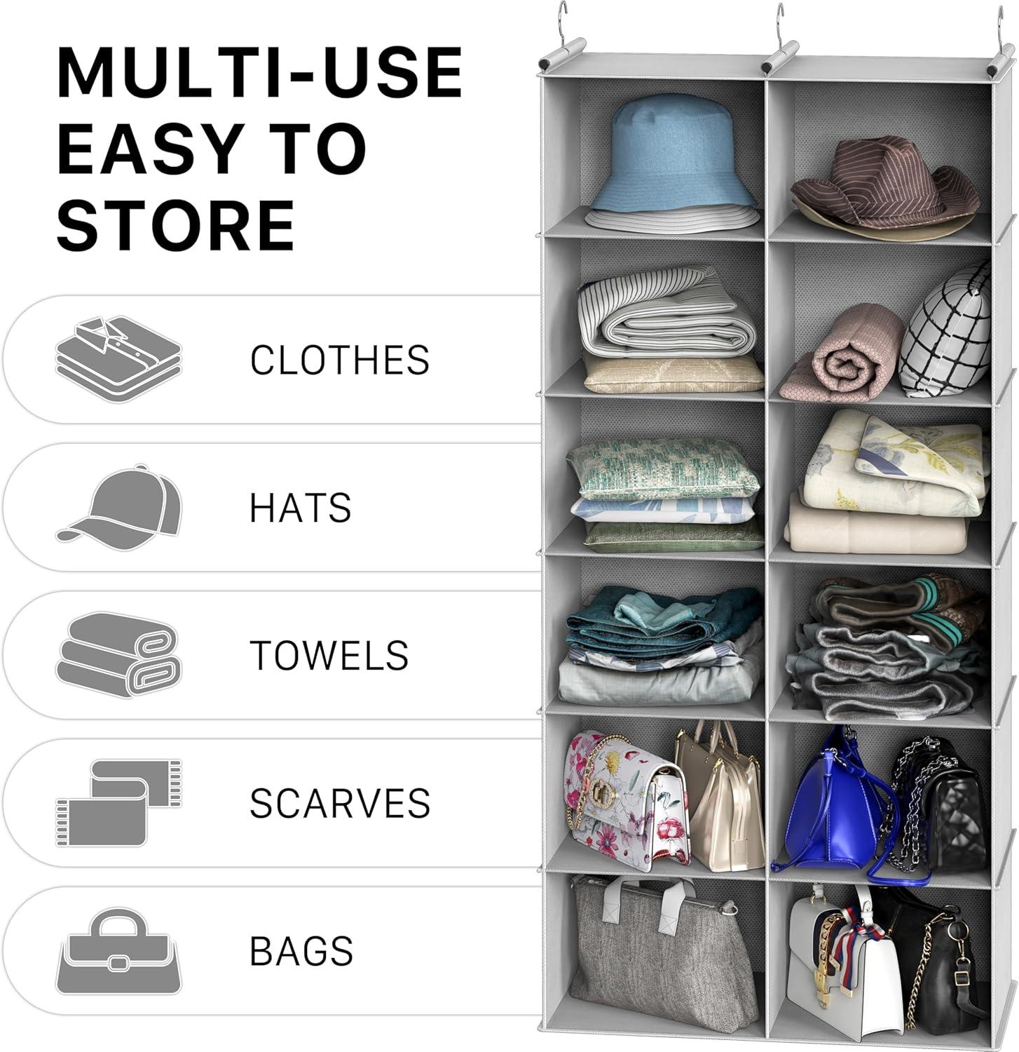 image:imageSimple Houseware 6 Shelf DoubleWide Hanging Closet Organizer 12 Large Shelves Total Gray