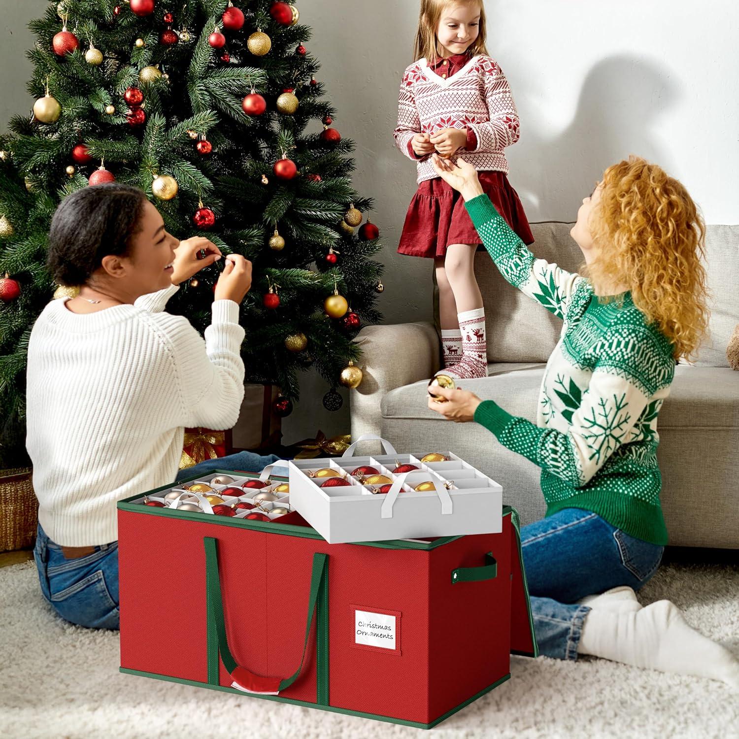 image:imageSimple Houseware HeavyDuty Christmas Ornament Storage Box with Adjustable Dividers Stores up to 64 Ornaments Reinforced Base Red128 Ornaments