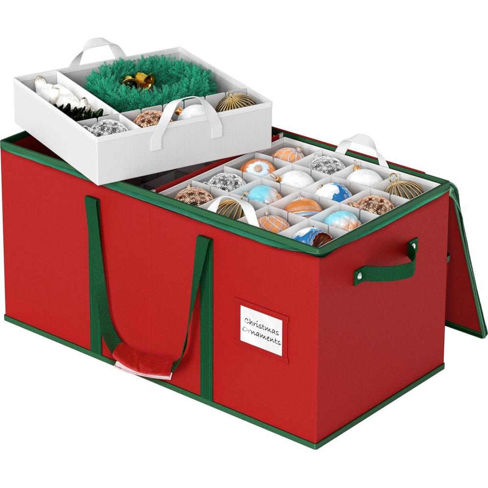 image:imageSimple Houseware HeavyDuty Christmas Ornament Storage Box with Adjustable Dividers Stores up to 64 Ornaments Reinforced Base Red128 Ornaments