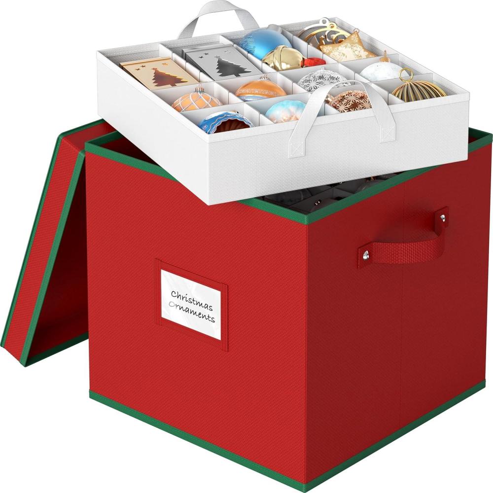 image:imageSimple Houseware HeavyDuty Christmas Ornament Storage Box with Adjustable Dividers Stores up to 64 Ornaments Reinforced Base Red64 Ornaments