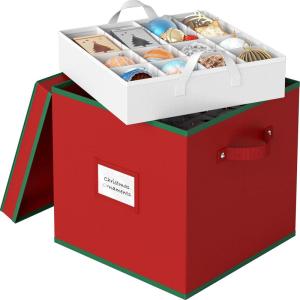 Simple Houseware Heavy-Duty Christmas Ornament Storage Box with Adjustable Dividers, Stores up to 64 Ornaments, Reinforced Base, Red(64 Ornaments)