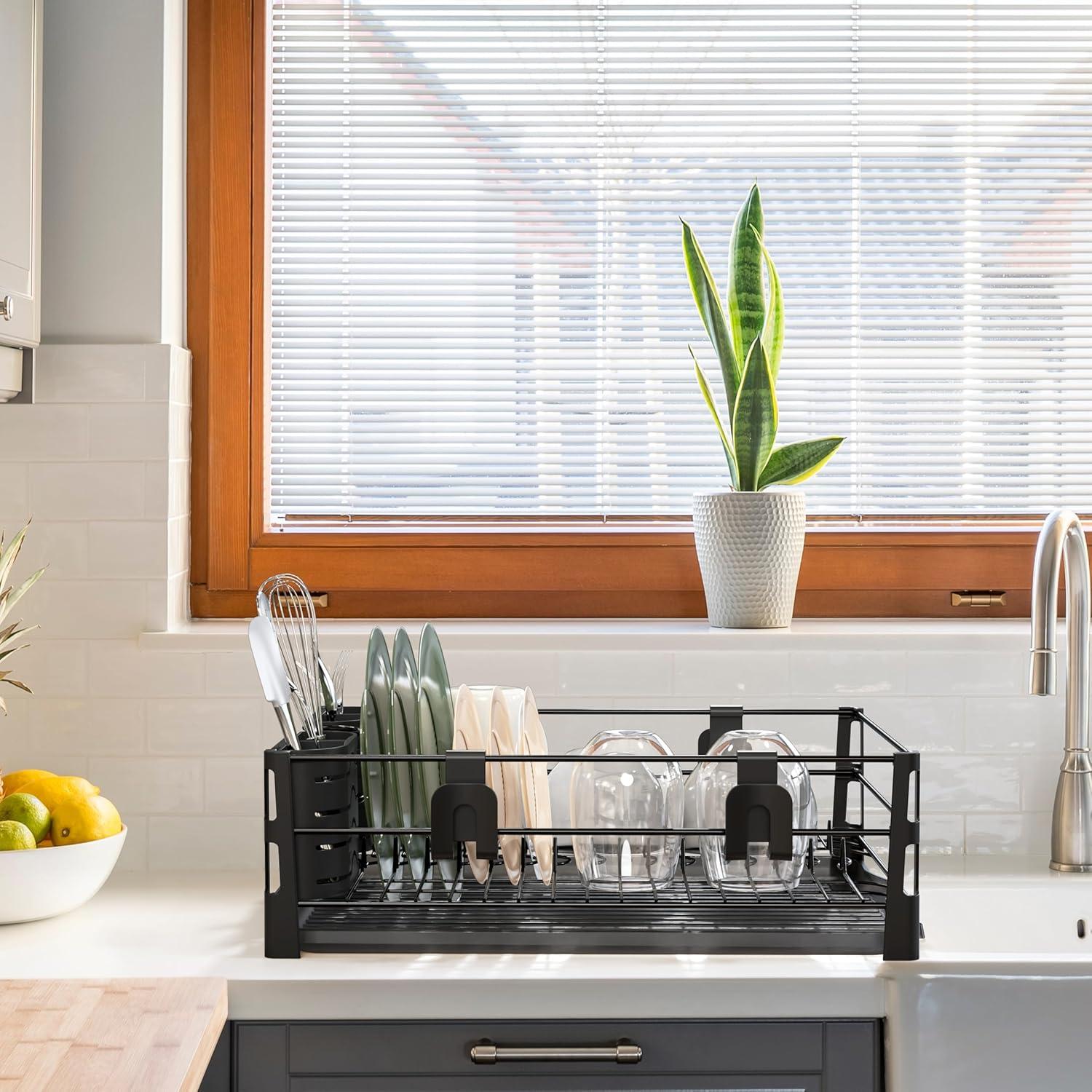 image:imageSimple Houseware Dish Drying Rack with Drainboard Utensil Holder amp Mug Hooks Black Metal Kitchen Counter OrganizerBlack