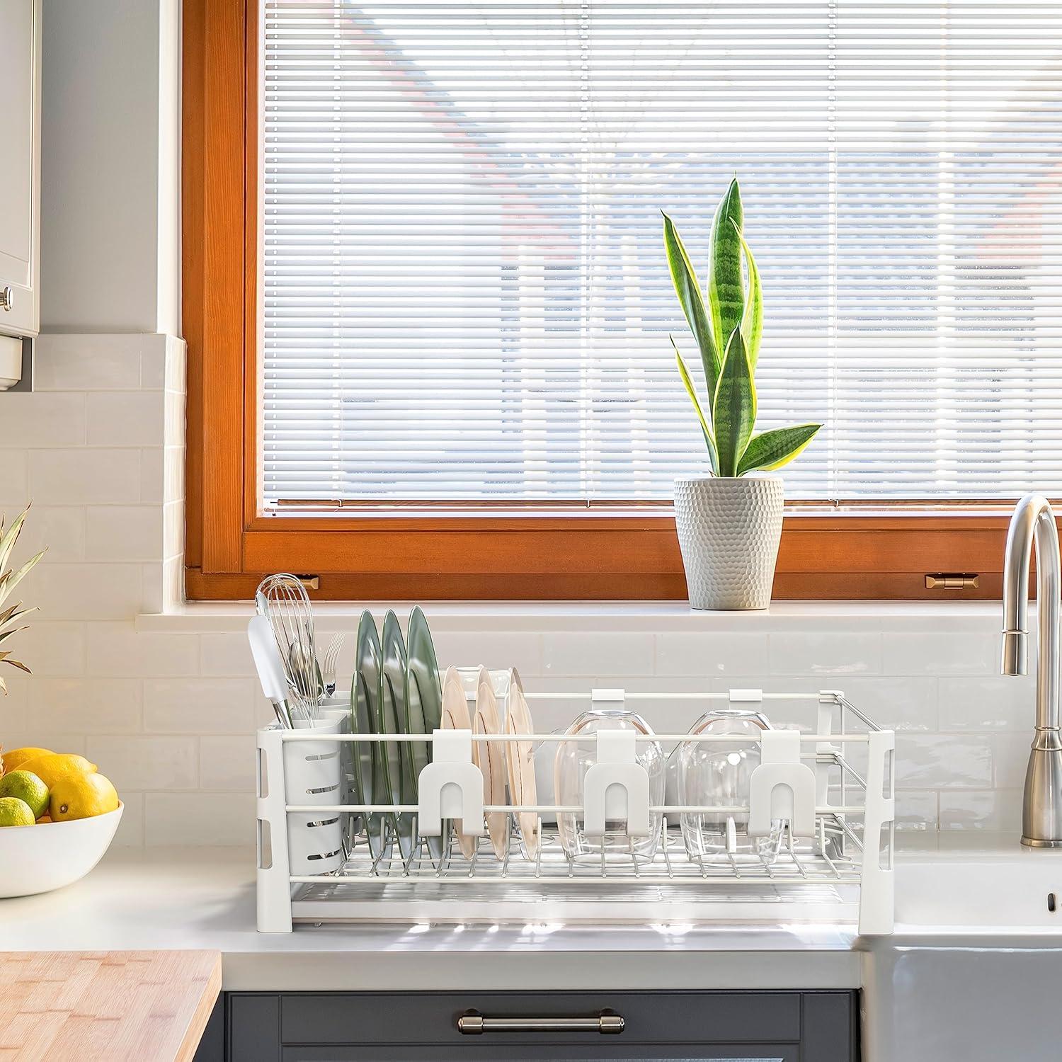 image:imageSimple Houseware Dish Drying Rack with Drainboard Utensil Holder amp Mug Hooks Black Metal Kitchen Counter OrganizerWhite