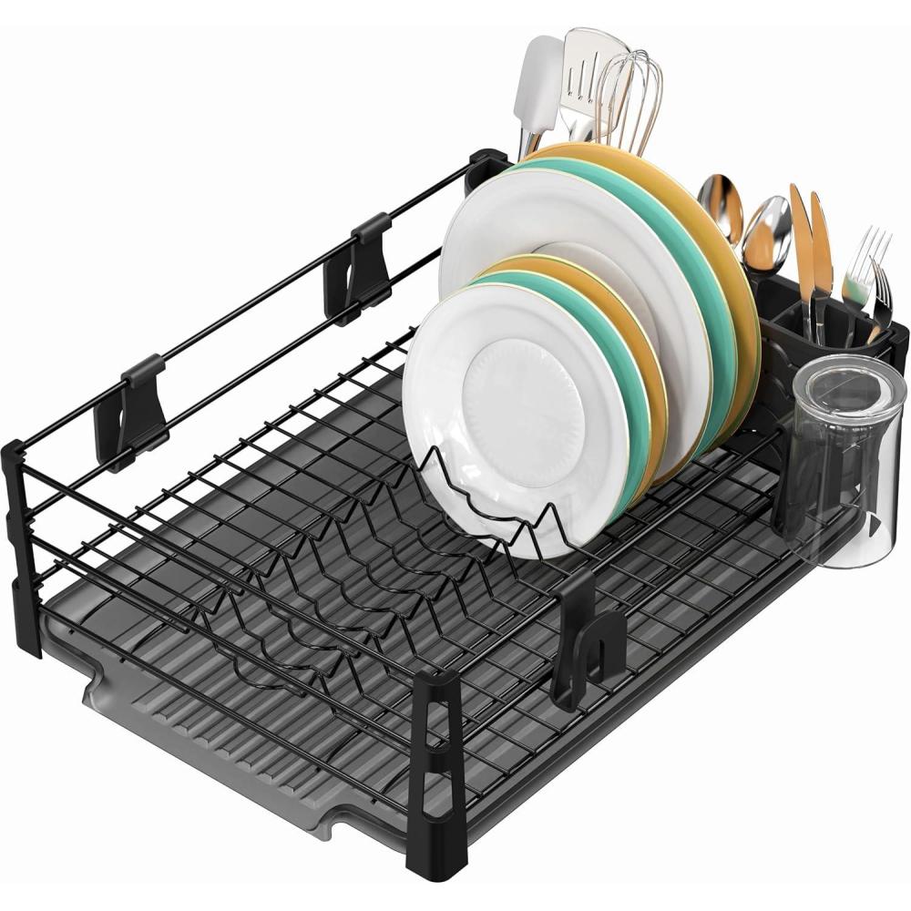 image:imageSimple Houseware Dish Drying Rack with Drainboard Utensil Holder amp Mug Hooks Black Metal Kitchen Counter OrganizerBlack