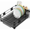 Simple Houseware Dish Drying Rack with Drainboard, Utensil Holder & Mug Hooks, Black Metal Kitchen Counter Organizer(Black)