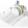 Simple Houseware Dish Drying Rack with Drainboard, Utensil Holder & Mug Hooks, Black Metal Kitchen Counter Organizer(White)