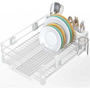 Simple Houseware Dish Drying Rack with Drainboard, Utensil Holder & Mug Hooks, Black Metal Kitchen Counter Organizer(White)
